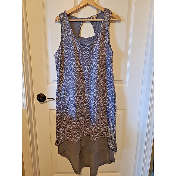 ModODoc Dress XLarge Gray Ikat Jersey Tank Stretch Layered Keyhole Hi Low - Picture 1 of 12